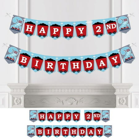 Big Dot of Happiness 2nd Birthday Railroad Party Crossing - Chugga Chugga Two Two - Steam Train Second Party Bunting Banner Decor - Happy 2nd Birthday