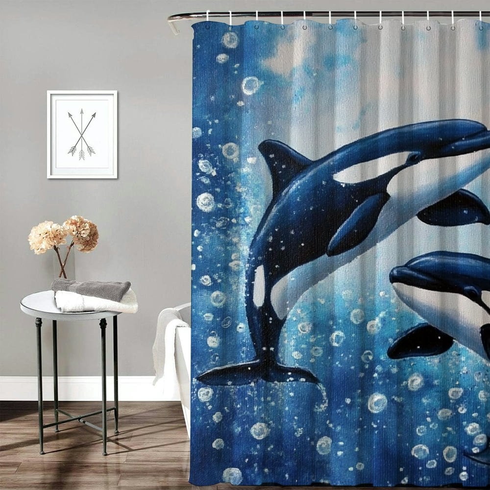 Patifu Orca Whales Water Bubbles Bathroom Shower Curtain Set with Hooks 100% Polyester Fabric 69"x72