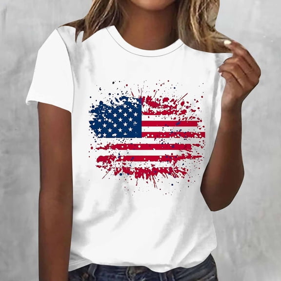 AnuYalue Plus Size T-Shirt for Women Short Sleeve American Flag Shirts Crewneck USA Flag Stars Tees Casual Tops