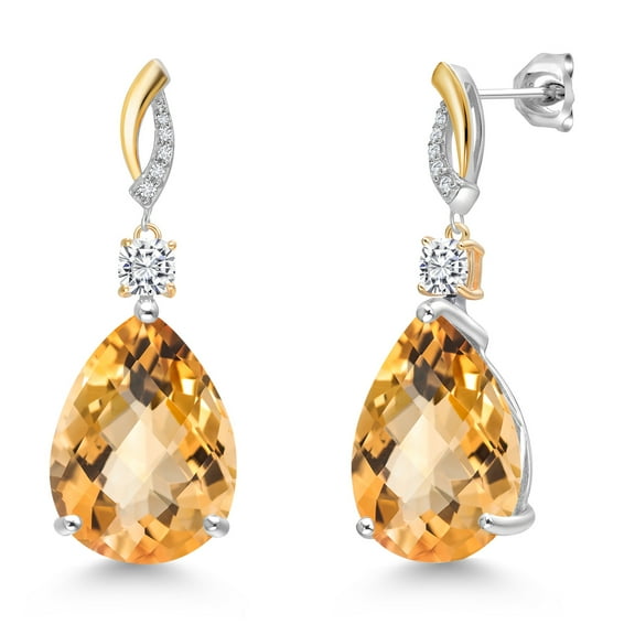 925 Silver and 10K Yellow Gold Yellow Citrine and White Moissanite and White Lab Grown Diamond Earrings for Women | 22.29 Cttw | GemstoneNovember Birthstone | Pear Shape Checkerboard 18X13MM