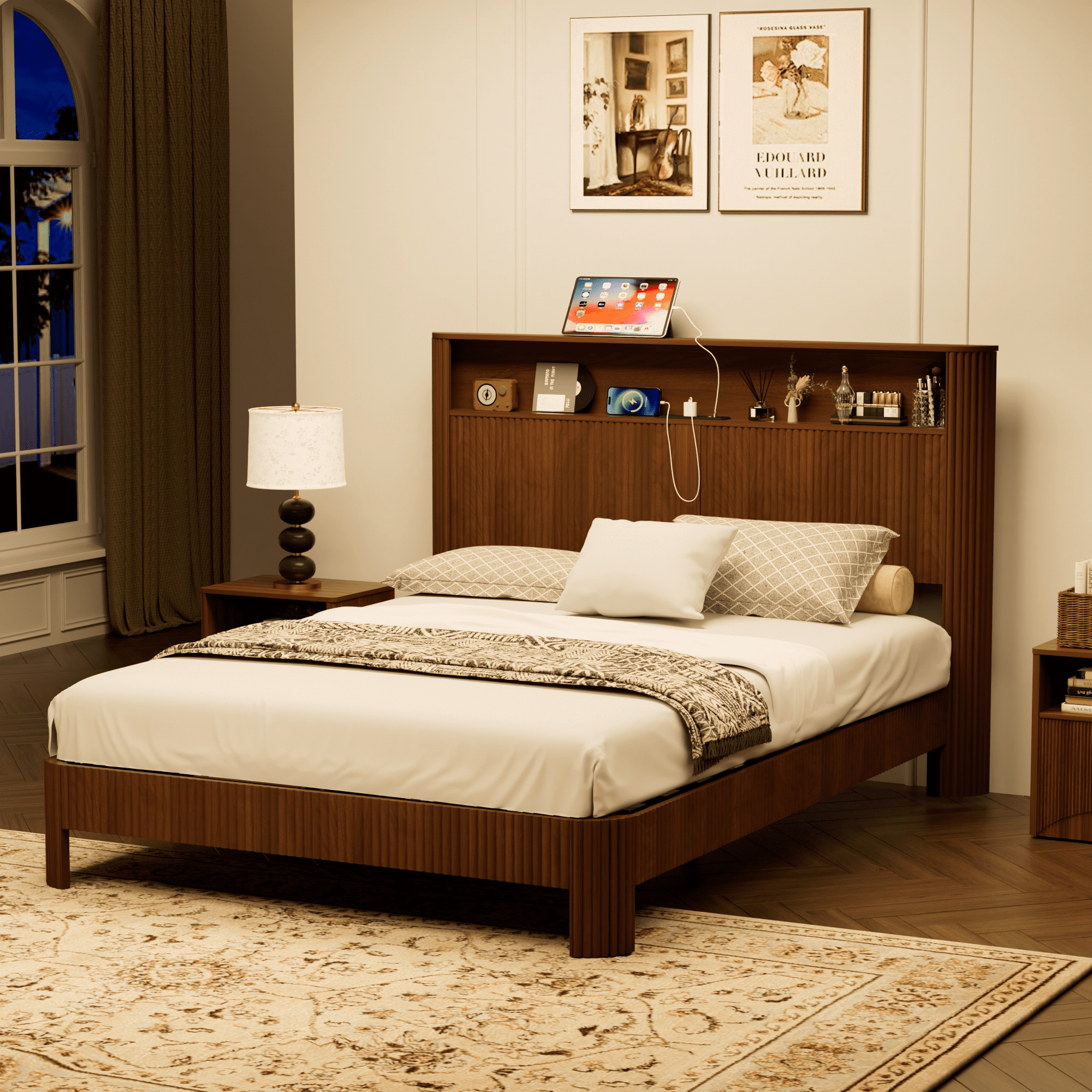 Walnut Queen Size Platform Bed Frame,Wavy Curved Design Bed with Storage Headboard,Built-in 2 AC & 2 USB Charging Ports,Silent Noise-Canceling Metal Support Frame