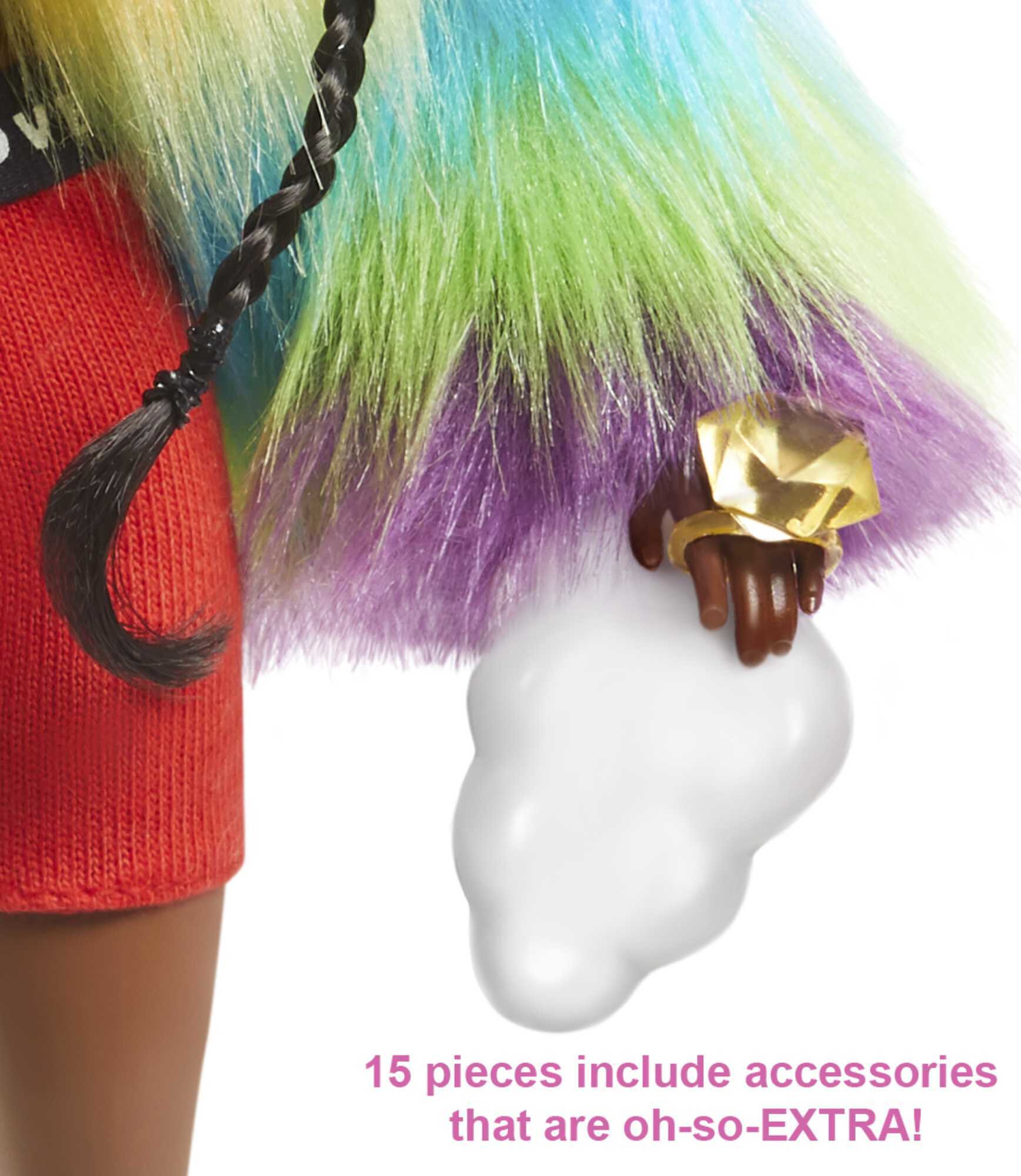 Barbie Extra Fashion Doll with Afro-Puffs in Shaggy Rainbow Coat with Accessories & Pet - image 5 of 8