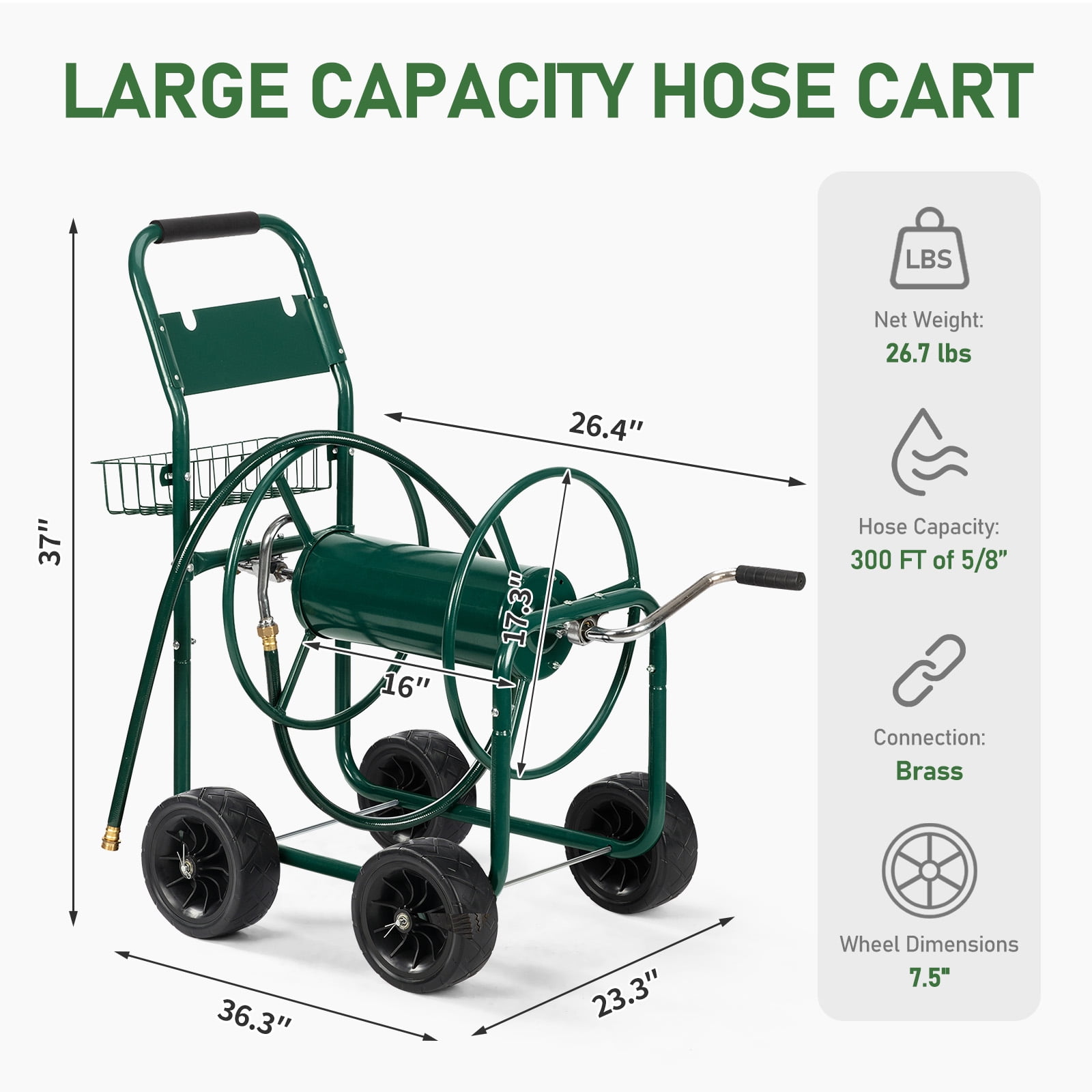 Ktaxon Heavy Duty 7.5in Steel Hose Reel Cart for Garden Outdoor Use, Large Capacity, Green