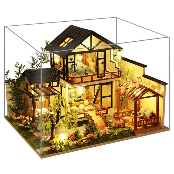 Miniature Wood Dollhouse with Furniture LED Light Crafts DIY 3D Puzzles Doll Decor