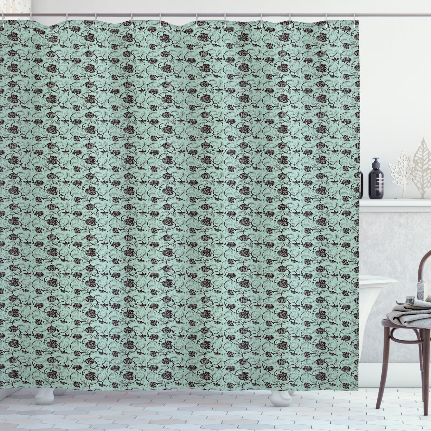 Vintage Shower Curtain, Chinese Inspirational Bicolour Motif with