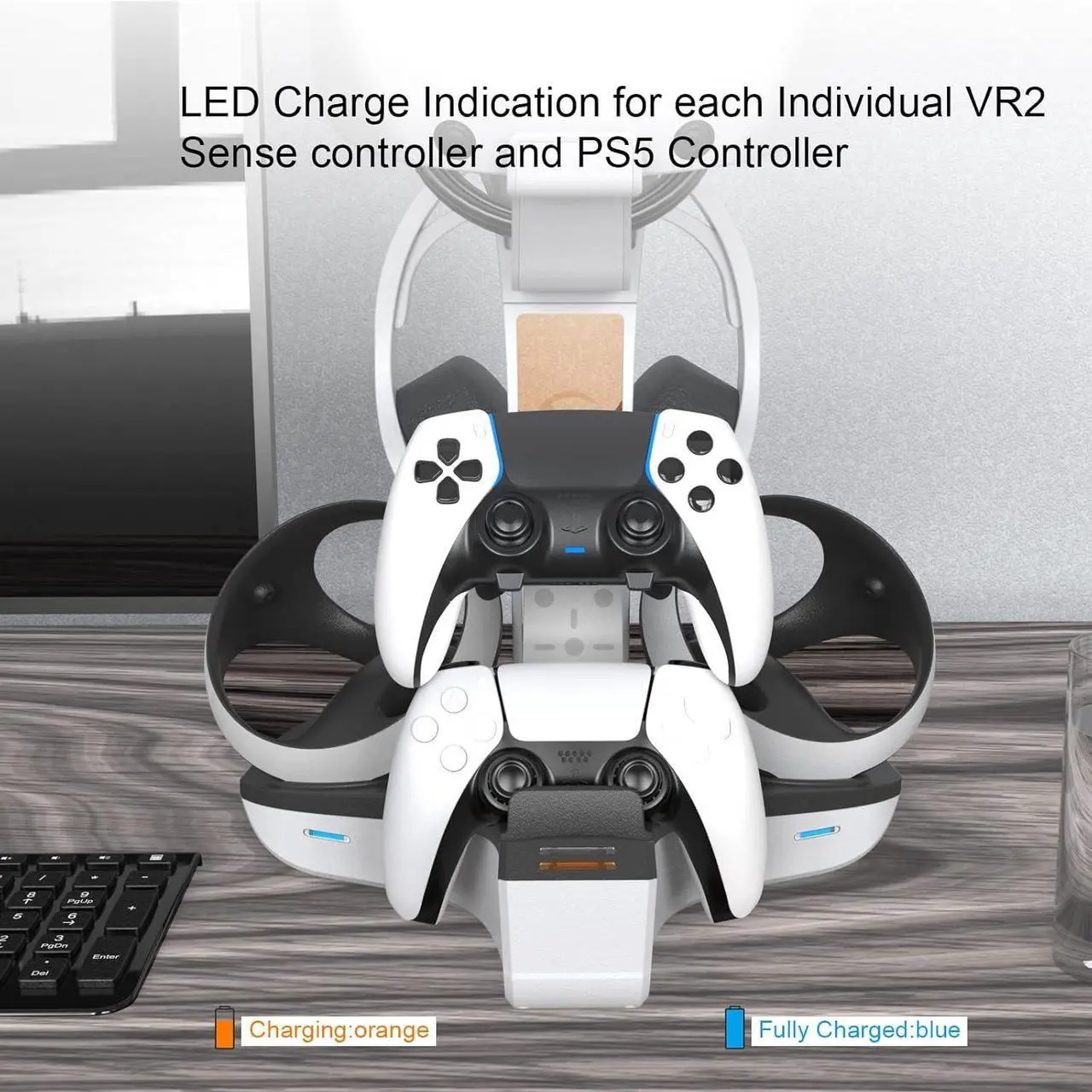 4-in-1 Controller Charging Station for PSVR2 and PS5, Dual Charging Dock with VR Headset Display Holder and Headphone Rack, LED Indicator, Charging Cable, RGB Lights, 3 Magnetic Connector