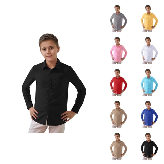 Boys Dress Shirt Spring Fall Long Sleeve Button Down Lapel Collared Basic Plain Shirt with Chest Pocket