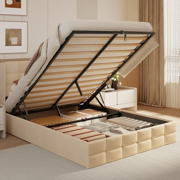 Asofer Queen Storage Bed Frame with Hydraulic Lift, Upholstered Headboard & Wood Slats, Beige
