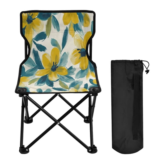 WOBOGO Yellow and Teal Flowers Camping Chair Convenient Four Corner Backrest Folding Stool Can Hold Up to 220lbs