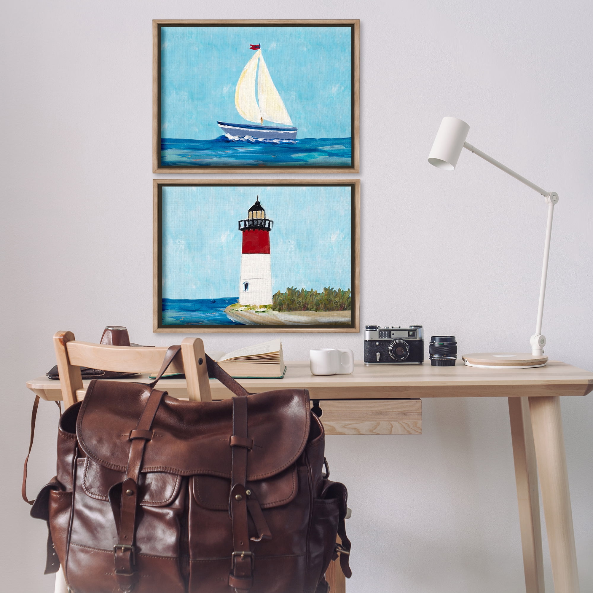 Stupell Industries Nautical Sail the Sea Lighthouse Nautical & Beach Painting Brown Floater Framed Canvas Art Print Wall Art, 25 x 17, Set of 2