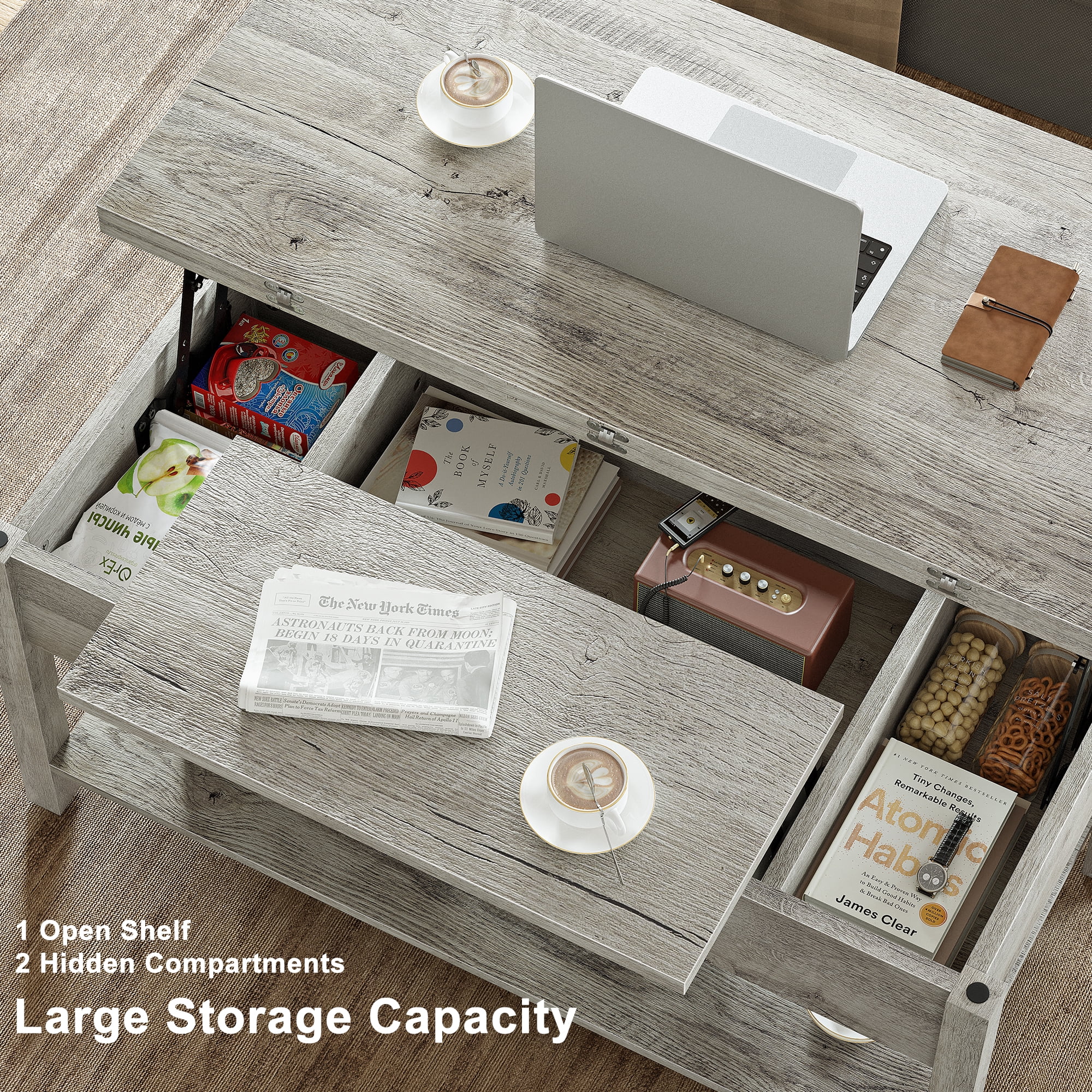 GUNAITO Lift Top Coffee Table 4 in 1 Multi-Function Convertible Coffee Table with Storage, Modern Coffee Table Converts to Dining Table for Living Room, Grey