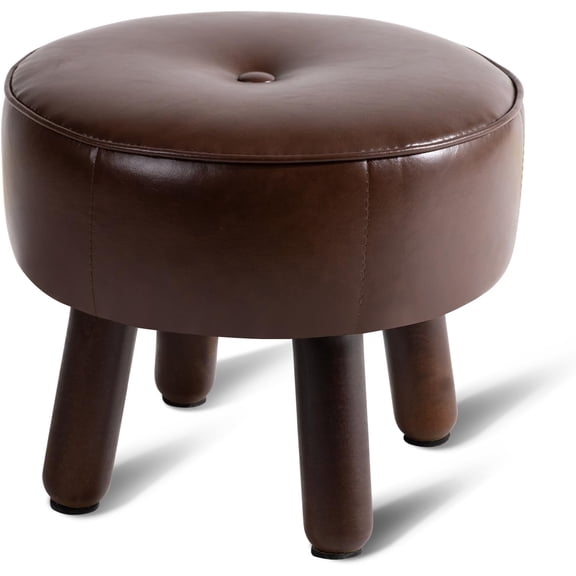 Small 13" Foot Stool Ottoman, Round Pouf Foot Rest, Faux Leather Footstool | Small Foot Stool with Rubber Legs Under Desk, Footrest for Couch, Living Room Bedroom Office, 13''L x 13''W x 10.2''H, Cof