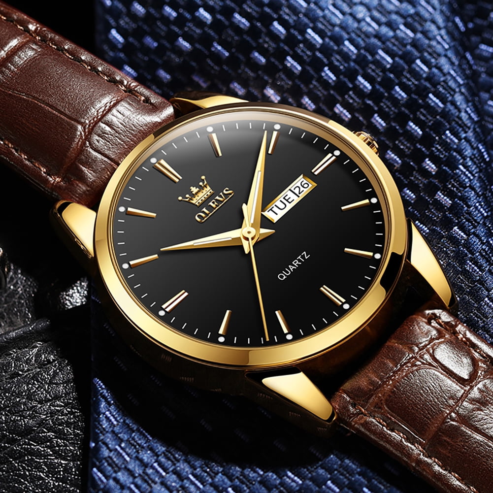 OLEVS Mens Watches,Brown Leather Watch for Men,Gold Plated Case Analog Quartz Fashion Business Dress Watch Luminous Waterproof Casual Male Wrist Watches Reloj para Hombre