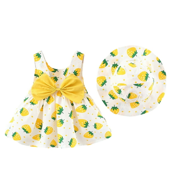 Toddler Baby Girls 2PC Outfits Dress Cute Strawberry Printed Sleeveless Big Bow Dress and Soft Sun Hat Summer Flowy Beach Dresses Two Piece Sets
