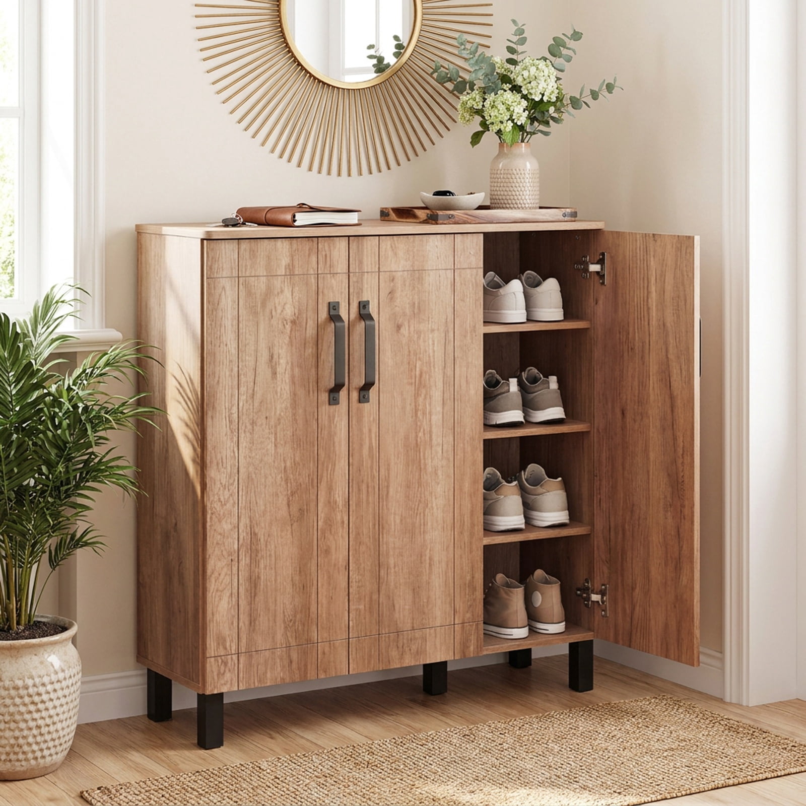 Furnibear 5 Tier Freestanding Shoe Storage Cabinet with Detachable Shelves and Ventilation for Entryway Hallway and Closet, Oak