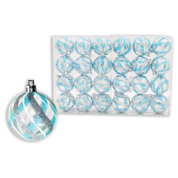 24 Pack Clear Ball Ornament with Aqua, Silver and White Swirls Design