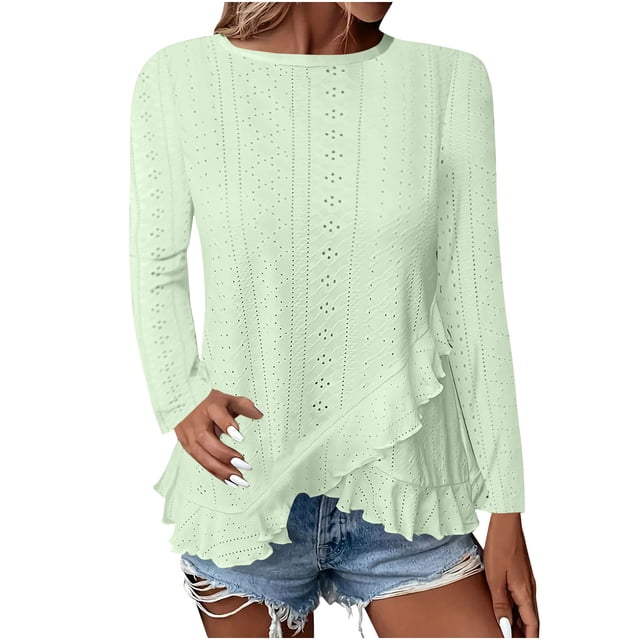 Plebaso Women's Long Sleeve Eyelet Tops Crew Neck Ruffle Blouses Dressy Irregular Hem Womens Spring Shirts
