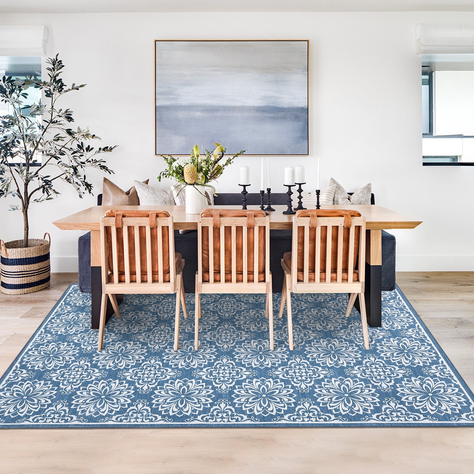 HOMERRY Indoor Washable 5' x 7' Area Rug Floral Rug for Living Room Non-Slip Floor Carpet for Bedroom, Blue