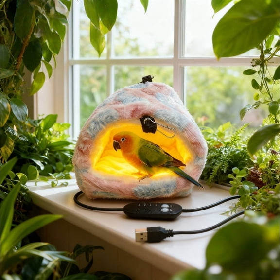 USB Heated Hanging Bird Nest, Cozy Flannel Warm House for Lovebirds and Small Parrots, Adjustable Temperature Year-Round Use, Multicolor, XL Size