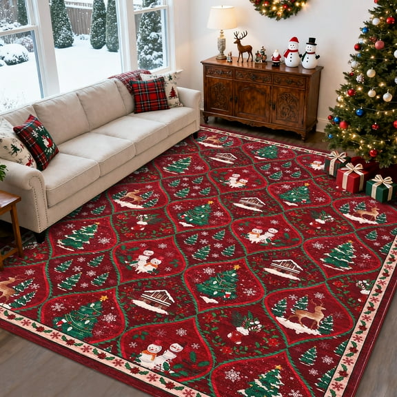 GlowSol 9'x12' Christmas Area Rugs for Living Room Xmas Tree Snowman Festive Decor Rug Large Washable Area Rug Soft Low Pile Non-Slip Area Rug, Red