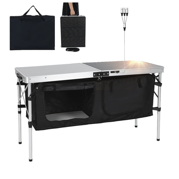 Camping Table with Storage, Folding Table w/ Solar Panel, 45W Output, USB/Type-C/DC Ports for Outdoor Cooking, BBQ & Festival