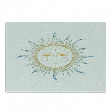 

Sun Cutting Board Hand Drawn Ornamental Star with Face Tribal Aztec Inspired Illustration Decorative Tempered Glass Cutting and Serving Board Small Size Apricot Blue White by Ambesonne