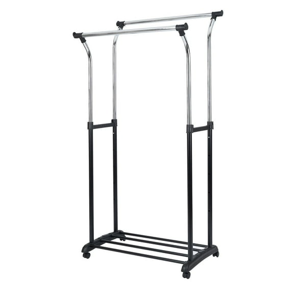 Mainstays Double Rod Garment Rack - Rolling Clothes Organizer - Black/Chrome, Adjustable height, Ideal clothes storage solution for long and short garments, Flared design, Assembled size: 34.5in.Wx22in.Dx47.75-68in.H