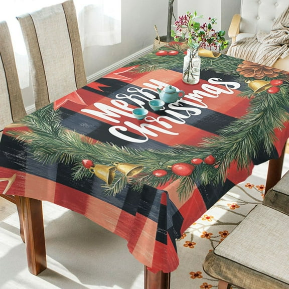 BZSMCE Square Tablecloth Red and Black Plaid with White Christmas Pattern Tableclothes