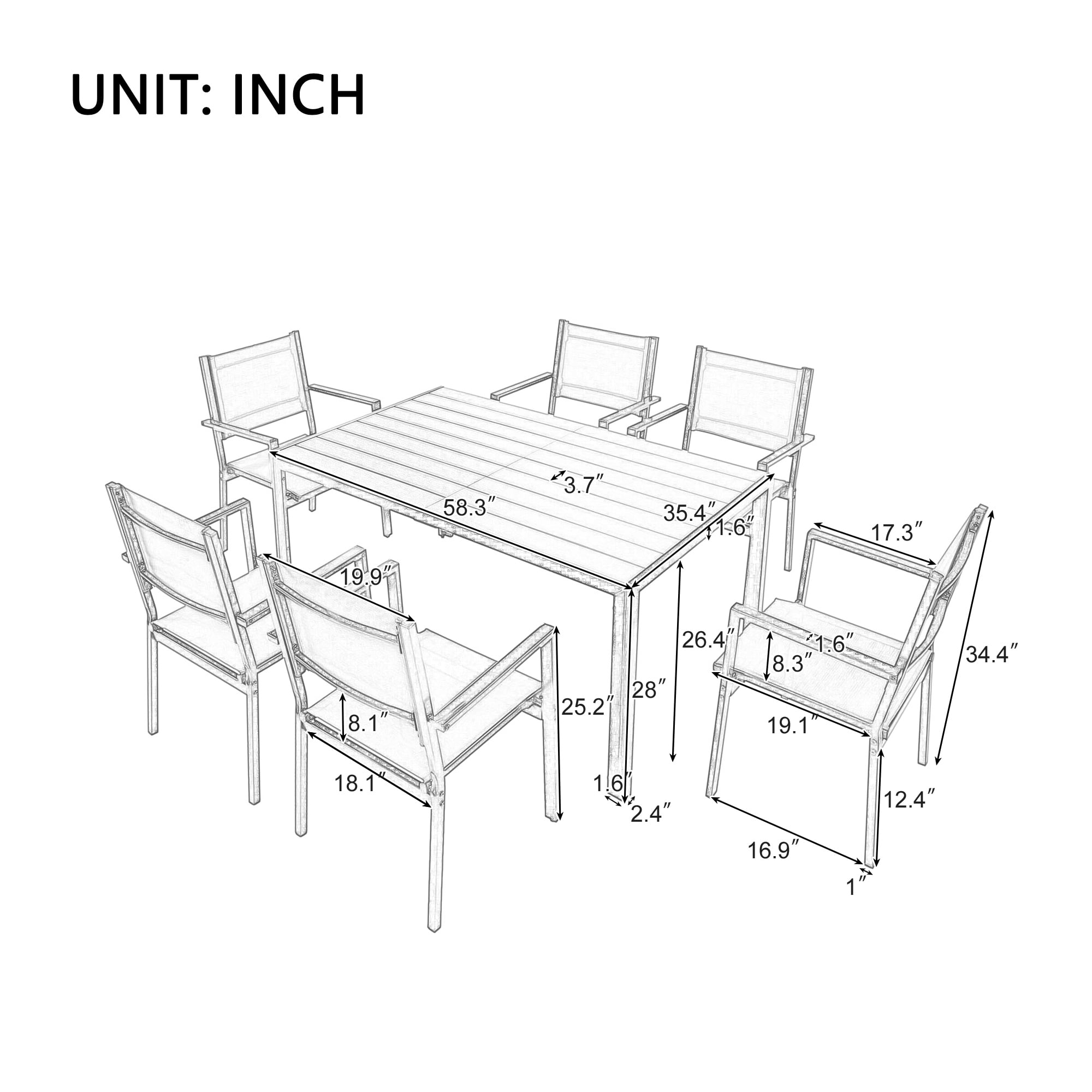 Outdoor Dining Table & Chairs, Patio Dining Sets with 6 Stackable Textilene Armchairs, All-Weather Plastic Furniture Dining Set Steel Frame and Wood Grain Top Table