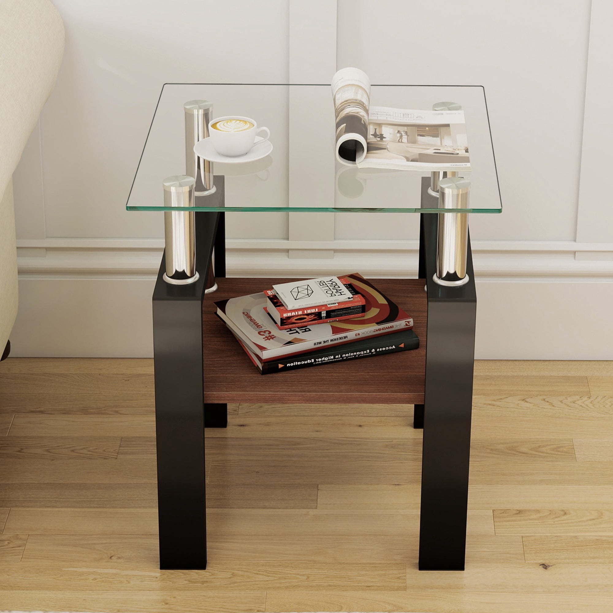 Euroco Set of 2 Modern Tempered Glass Tea Table,Tempered Glass Tabletop with MDF Layer,Coffee Table,End Table, Square Table for Living Room, Transparent/Black