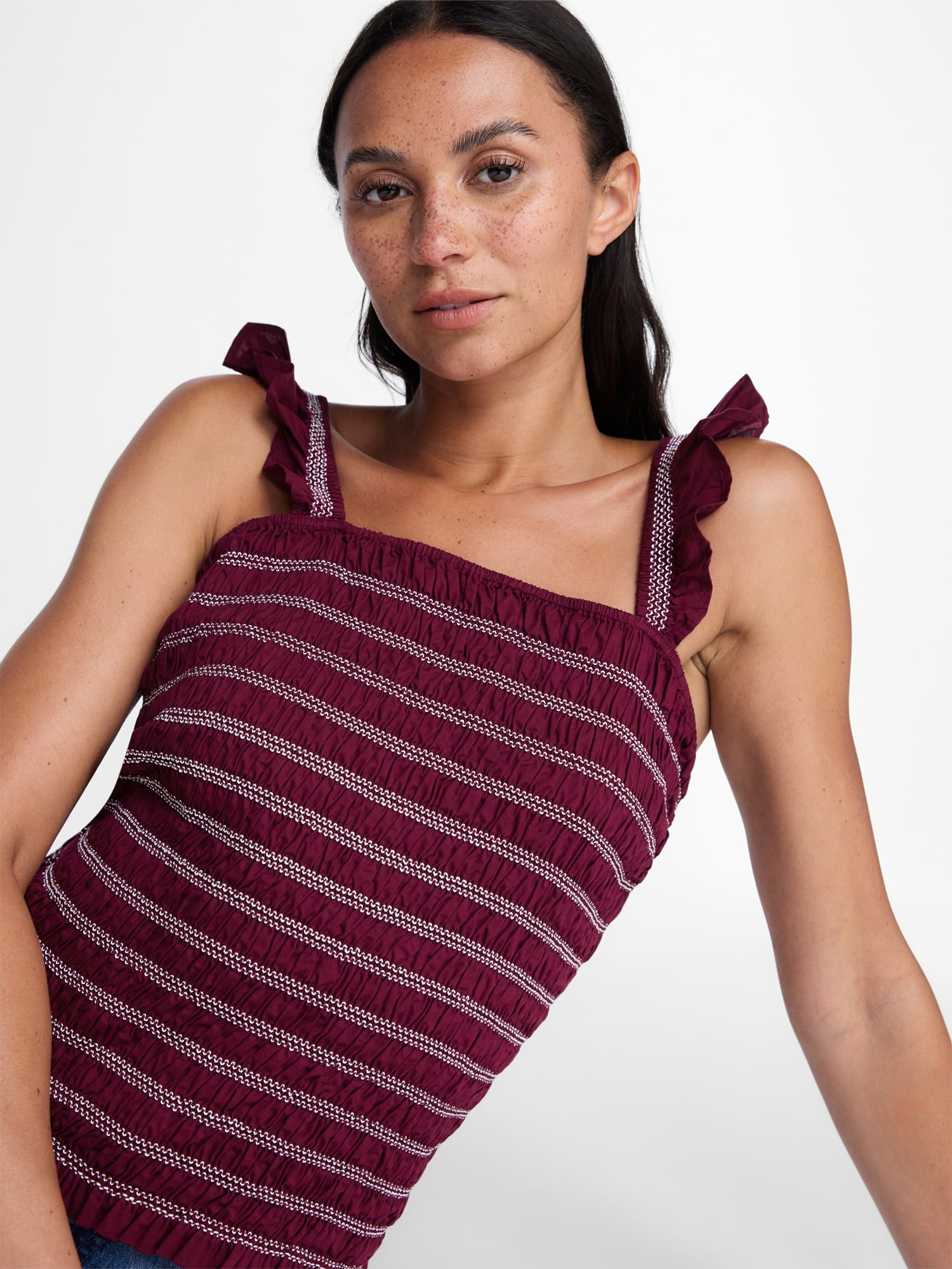 Time and Tru Women's Smocked Cotton Tank Top with Ruffle Straps, Sizes XS-XXXL