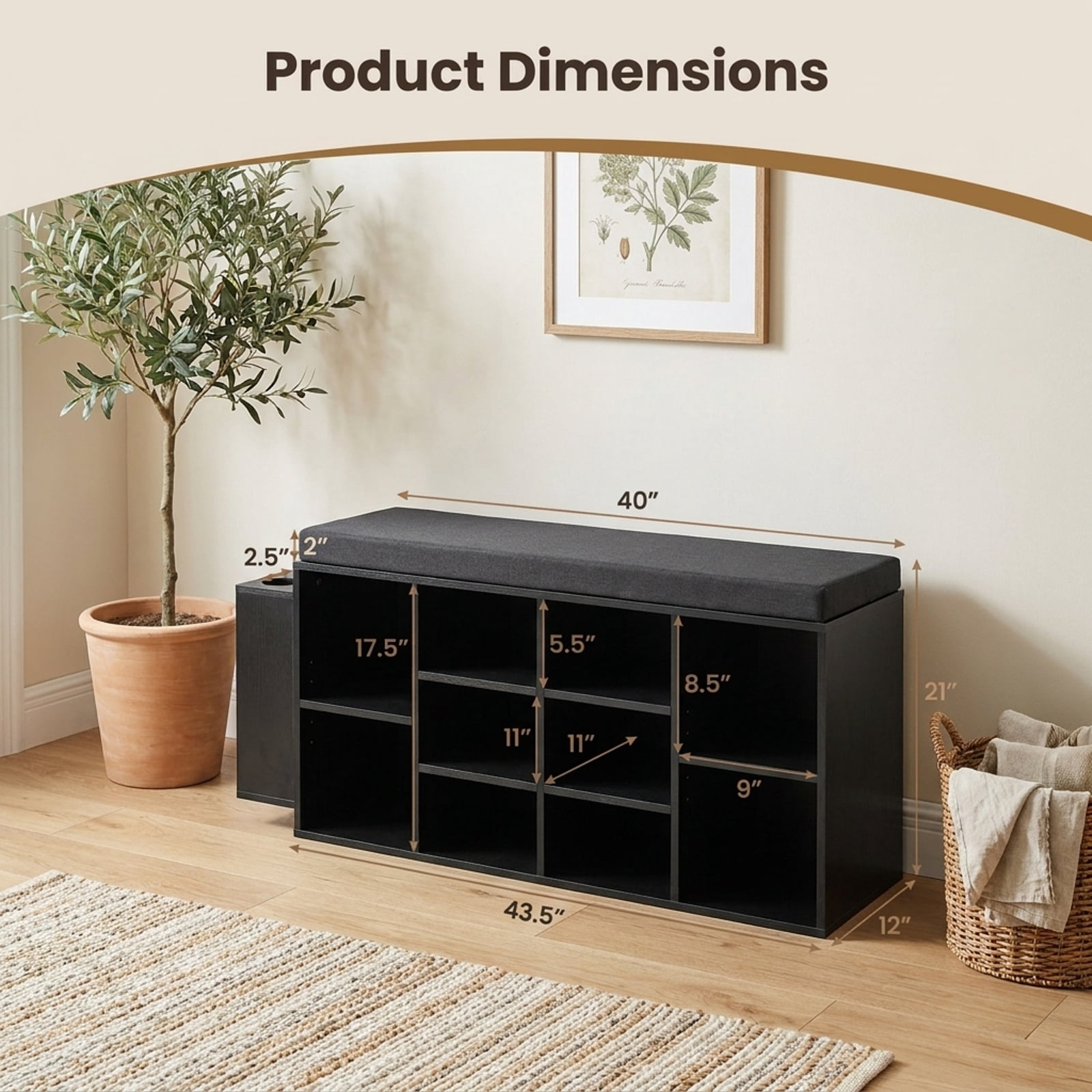 Furnibear Shoe Storage Bench with Umbrella Stand and 10 Cubby Entryway Shoe Rack Organizer with Padded Seat for Hallway Closet, Black