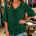 thumbnail image 6 of Tqcoqu Women's Solid Loose Flowy Casual Chiffon Blouse Top,V Neck Tie Front 3/4 Flared Bell Sleeve Ruffle Hem,Green Women's S-XXXL, 6 of 7