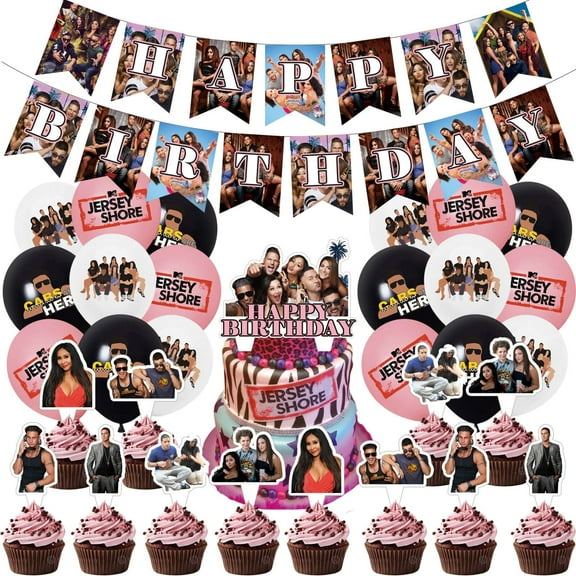 32 PCS For Jersey Shore Theme Birthday Party Decorations,13 Cupcake Toppers,With 1 Happy Birthday Banner Garland,18 Balloons,for Party Supplies Decorations