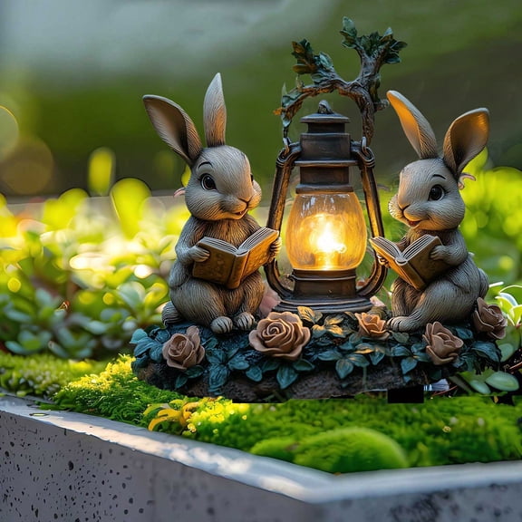 Easter Rabbit with Solar Lights Figurines Outdoor Decorations Easter Yard Signs Rabbit Rose Statue with Lamp Decor for Home Patio Balcony Backyard for Women Mom Grandma Easter or Birthday