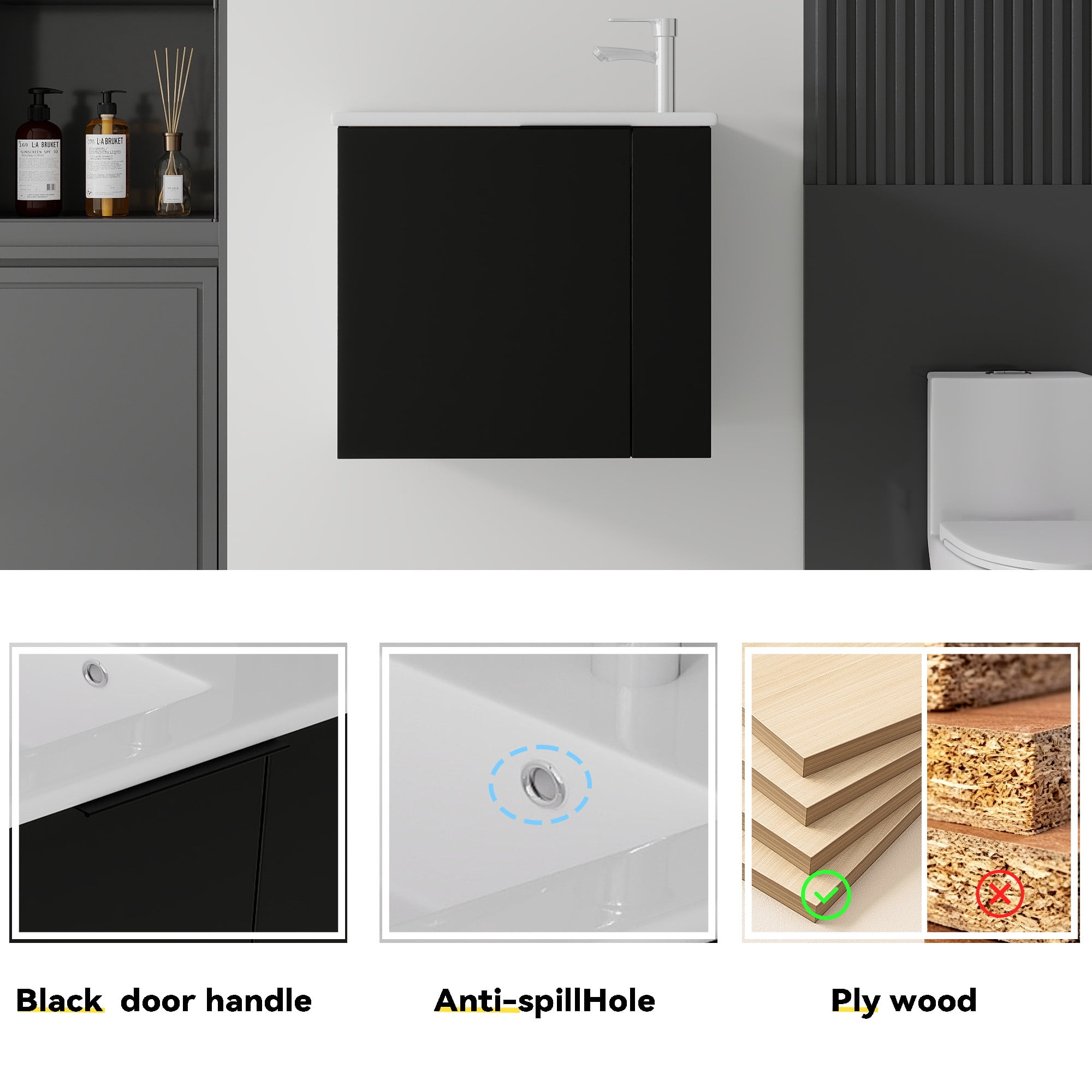 Leumius 22" Floating Bathroom Vanity with Ceramic Sink & Soft-Close Doors,Wall-Mounted Vanity for Small Space,Bathroom,Black