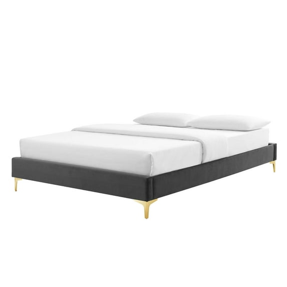 Platform Bed Frame, King Size, Velvet, Dark Grey Gray, Modern Contemporary Urban Design, Bedroom Master Guest Suite