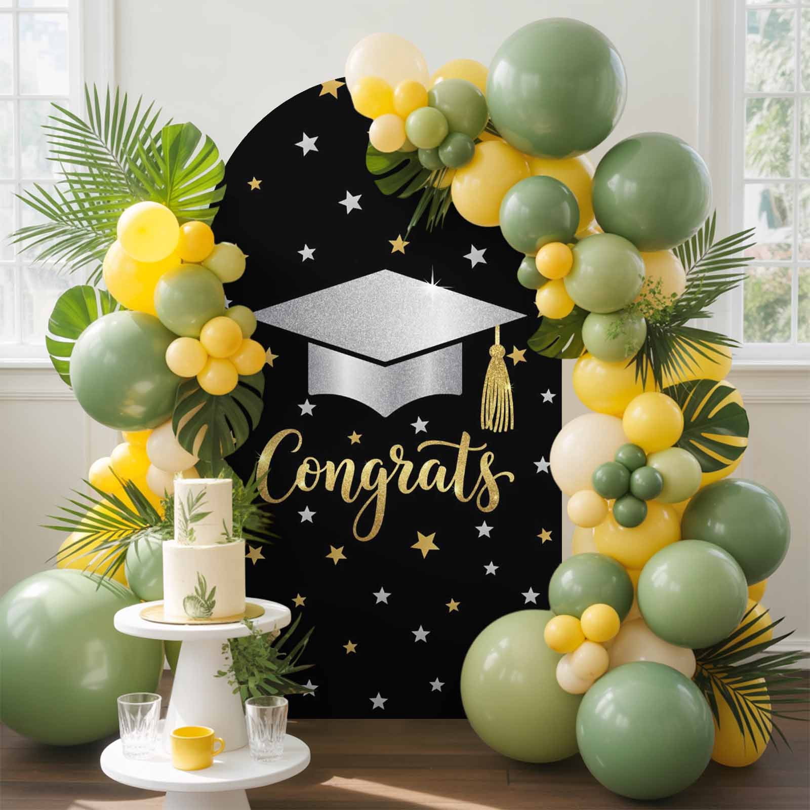Congratulate Graduate Season Arch Backdrop Cover 7.2 FT Graduation Hat Golden Sliver Star Black Stretchy Arch Stand Covers Spandex Arched Background Birthday Wedding Party Decoration (No Stand)