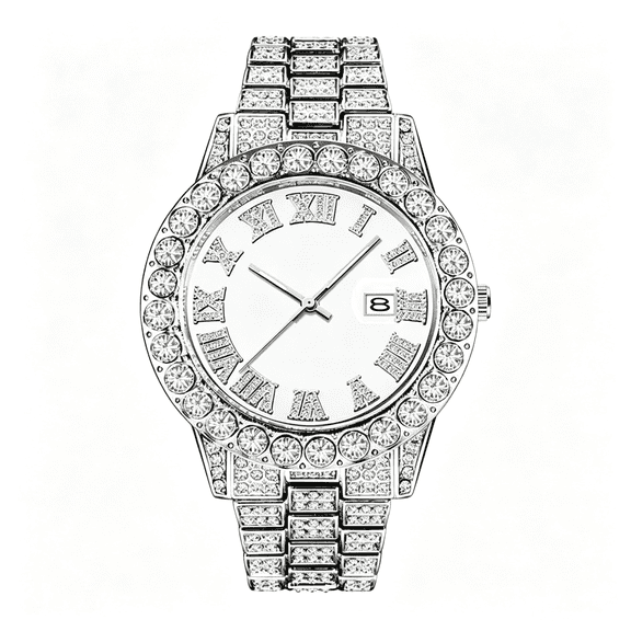 DESIGNICE Men'S Watch Fashion Crystal Rhinestone Quartz Analog Watch Iced-Out Bracelet Wrist Watch Iced-Out Bracelet Silver Watch for Men