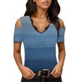 thumbnail image 1 of Gibobby Blusa Casual de Mujer Blusa manga corta con hombros descubiertos y cuello en V estampado para mujer(Azul,XL), 1 of 5