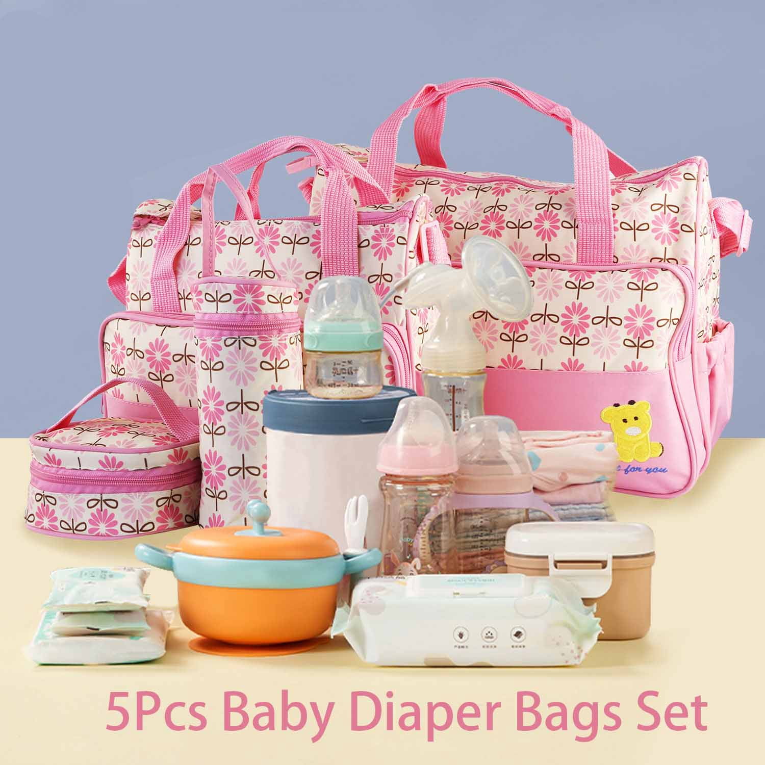 5 Pcs Multifunctional Baby Nappy Diaper Changing Bag Set Maternity Mummy Handbag Portable Nappy Basket Storage Organizer Maternity Baby Bag for Boys Girls Pink