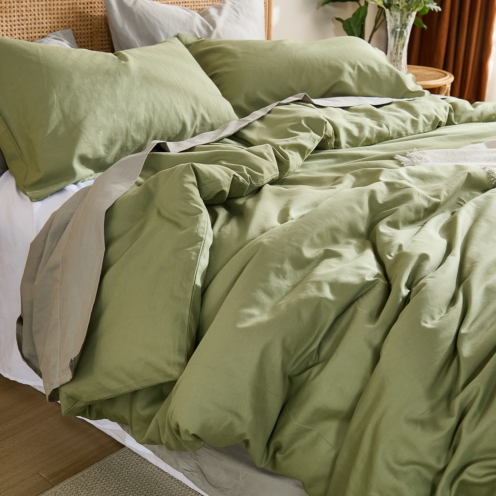 100% Washed Cotton Duvet Cover –Avocado Green, Linen-Like Texture, Super Soft & Breathable Bedding Set, 3-Piece Durable Percale Comforter Cover