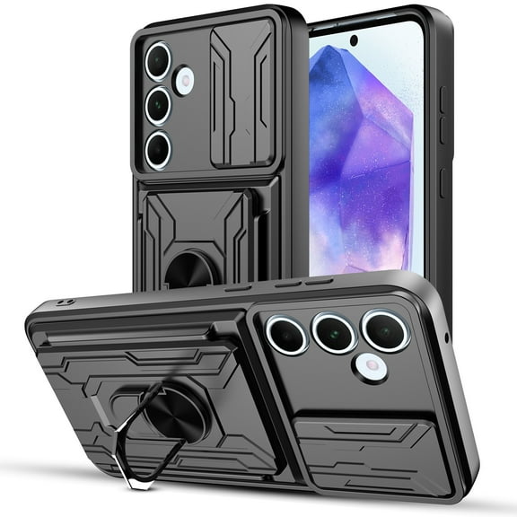 Innens for Samsung Galaxy A15/A25/A55 5G 6.5inch Card Slot Wallet Case Finger Ring Holder Cover, Black