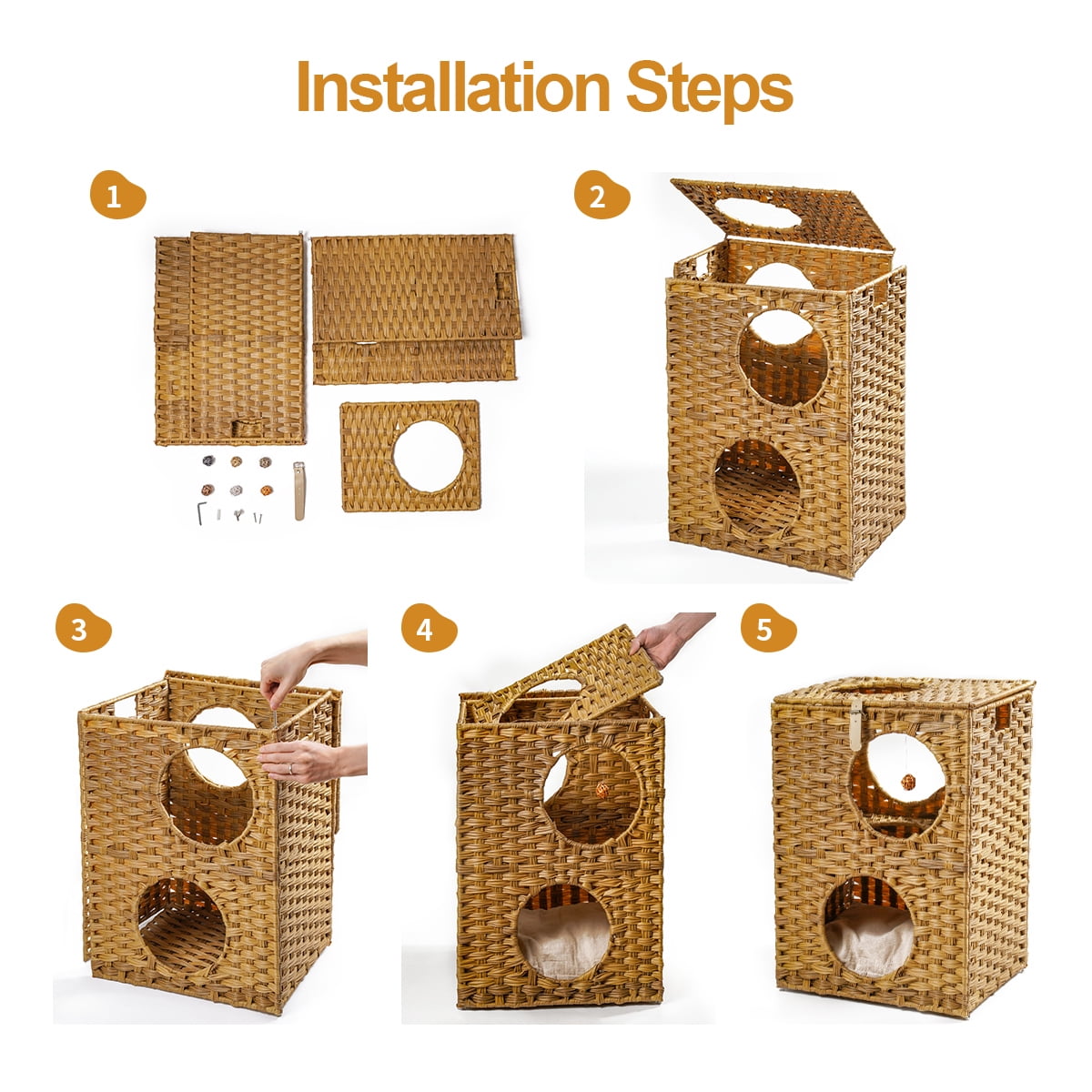 Canddidliike Large Wicker Cat Bed Brown Stackable Condo with Rattan Ball and Mat Canddidliike Large Wicker Cat Bed Brown Stackable Condo with Rattan Ball and Mat