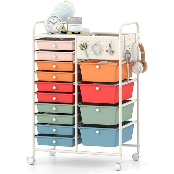 GOFLAME 14-Drawer Rolling Storage Cart with Pegboard, Craft Storage Cart with Lockable Wheels and Metal Frame, Art Cart Supply Storage Organizer for Home Office Classroom, Color