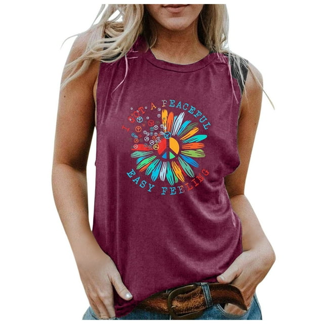 Hauts de Printemps pour Femmes Débardeur Tournesol Paix Graphique Sans Manches Signe de Paix T-Shirts Amples Surdimensionnés pour Femmes Rouge S