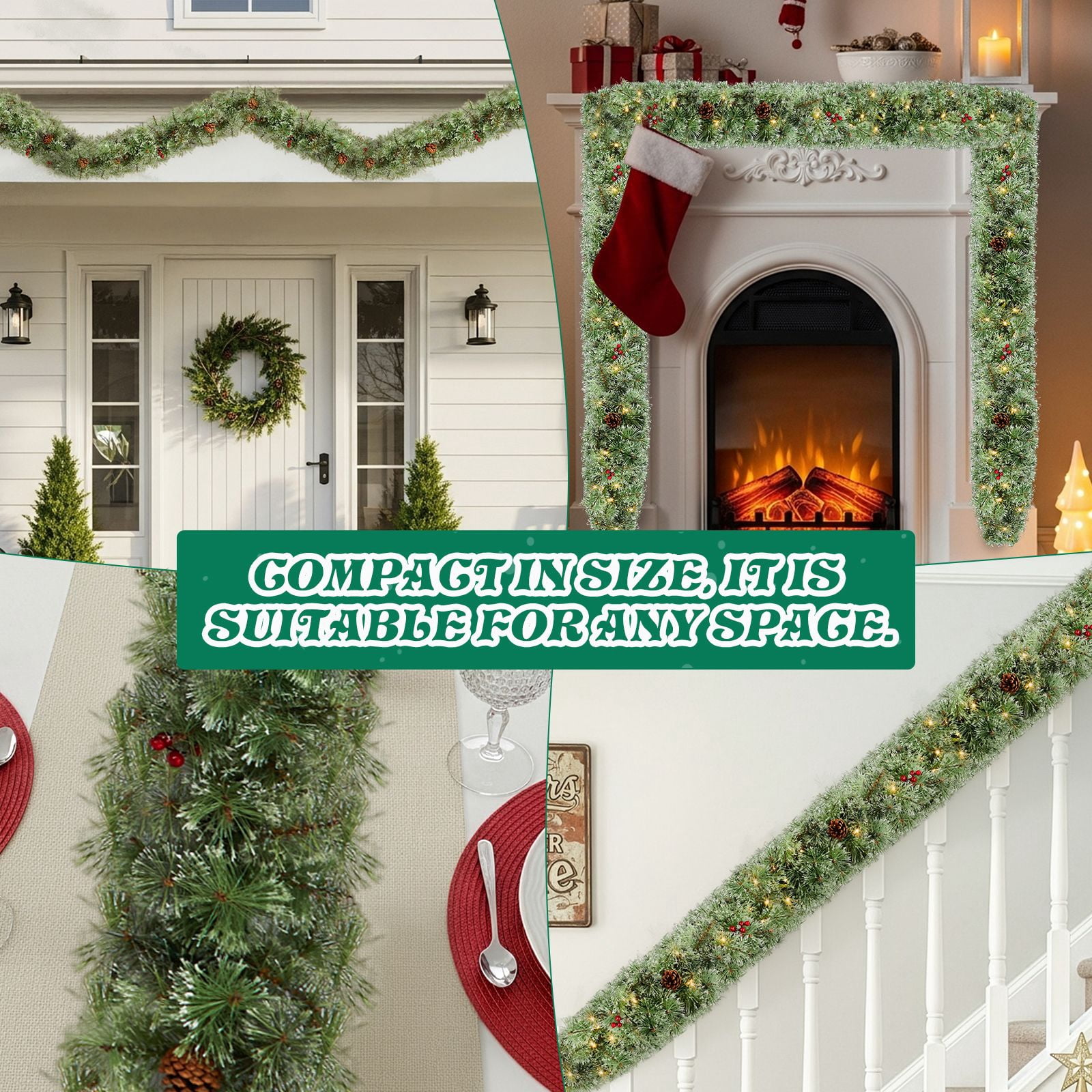 2 Pack 9FT Pre-lit Snow Flocked Christmas Garland, Lighted Artificial Xmas Garland with 200 Warm Lights and 440 Tips and Red Berries, for Front Door Gate Wall Xmas Party Decorations, Snowy Green