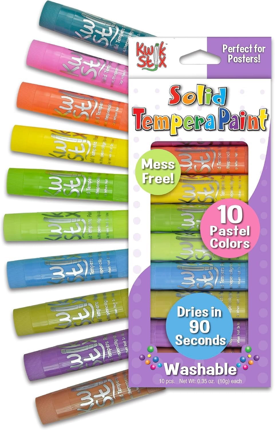 Kwik Stix Solid Tempera Paint Sticks, 10 Count, Pastel Colors, Washable, Quick-Drying, Non-Toxic