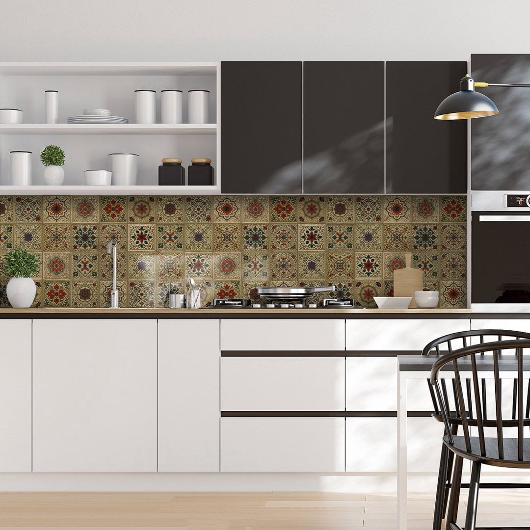 12 Pcs Foaming Board Tiles Stickers Wall Decals 5.91" x 5.91" Green Red Brown  Flowers Pattern Waterproof Peel and Stick Backsplash Mural