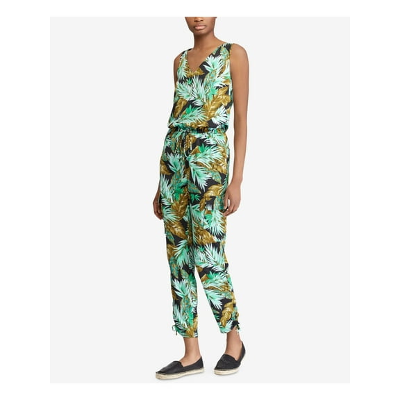RALPH LAUREN Womens Green Leaf Print Sleeveless V Neck Jumpsuit 8